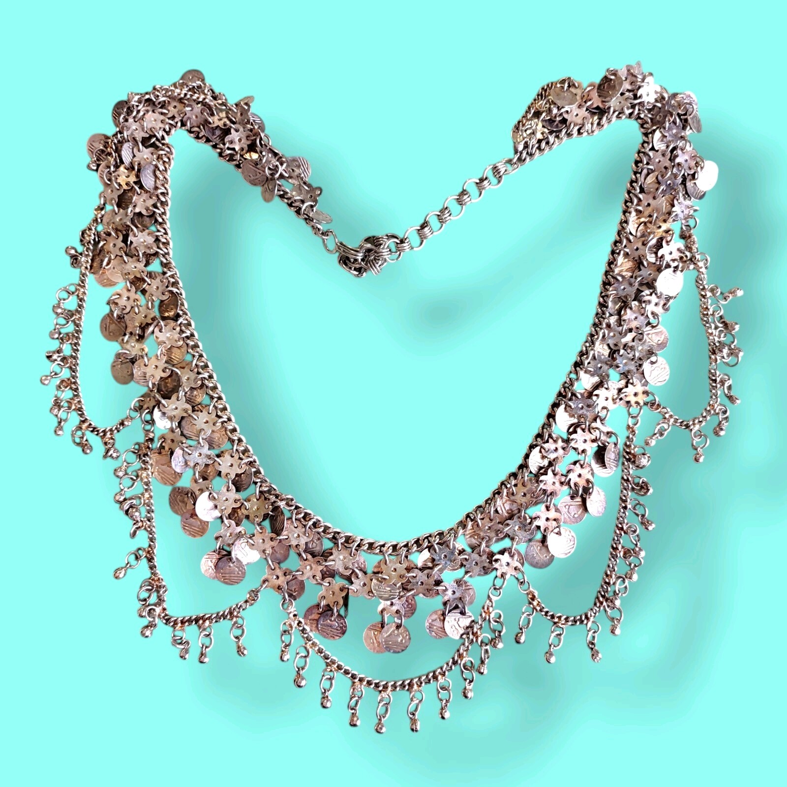 Beautiful Old Silver Vintage Belly Dancer Chain Belt Disc Bells 37in
