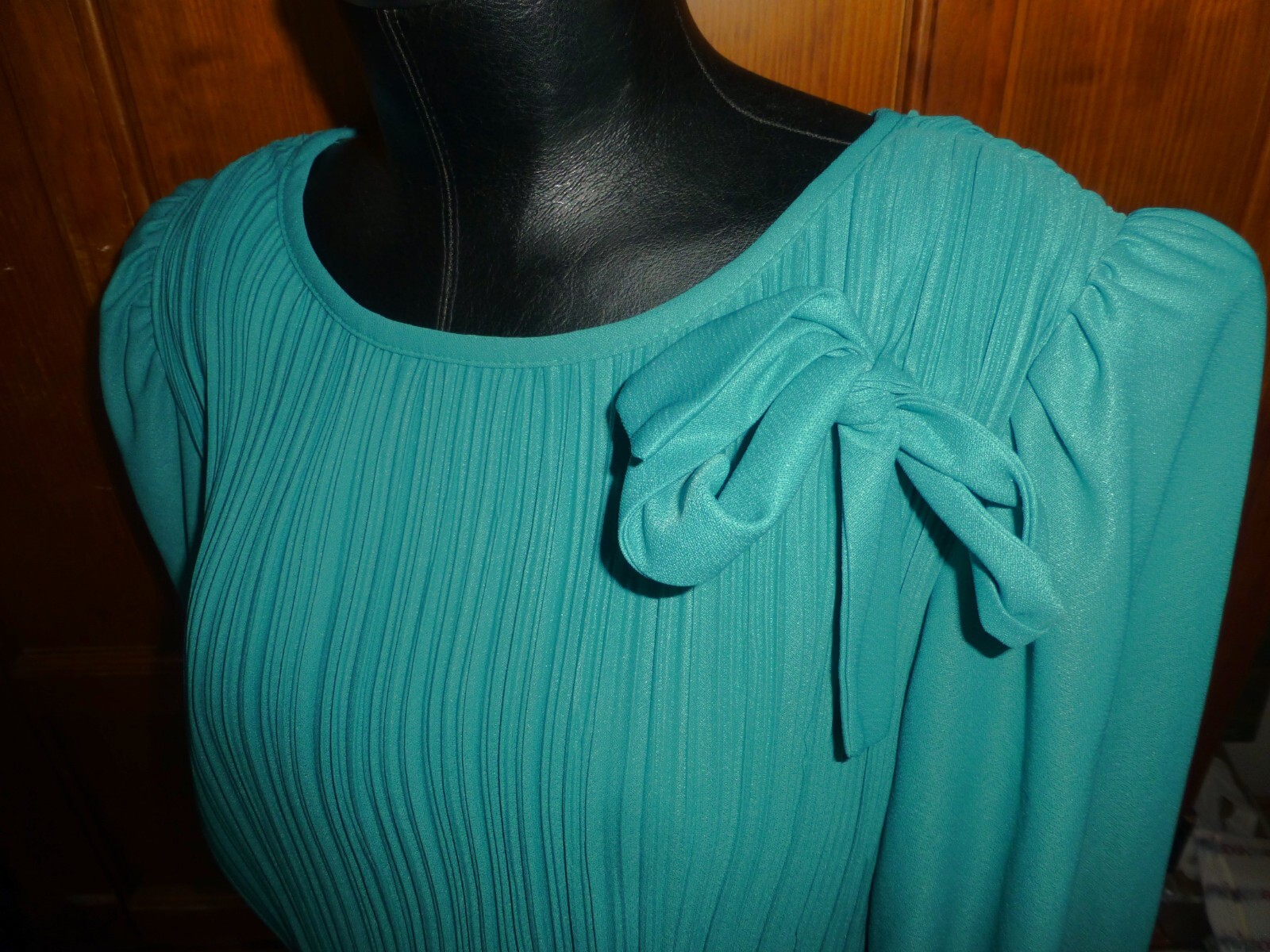 New Tag VTG 70s 80s Micro Pleat Lace Bow Boho Cocktail Secretary DRESS sz 10P