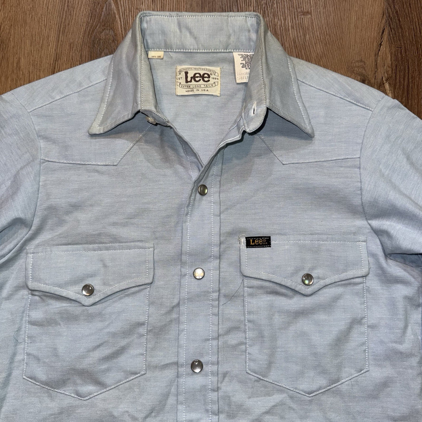 Vtg 70s Lee Pearl Snap Shirt Mens Oxford Western Cowboy Rockabilly USA 14.5 33