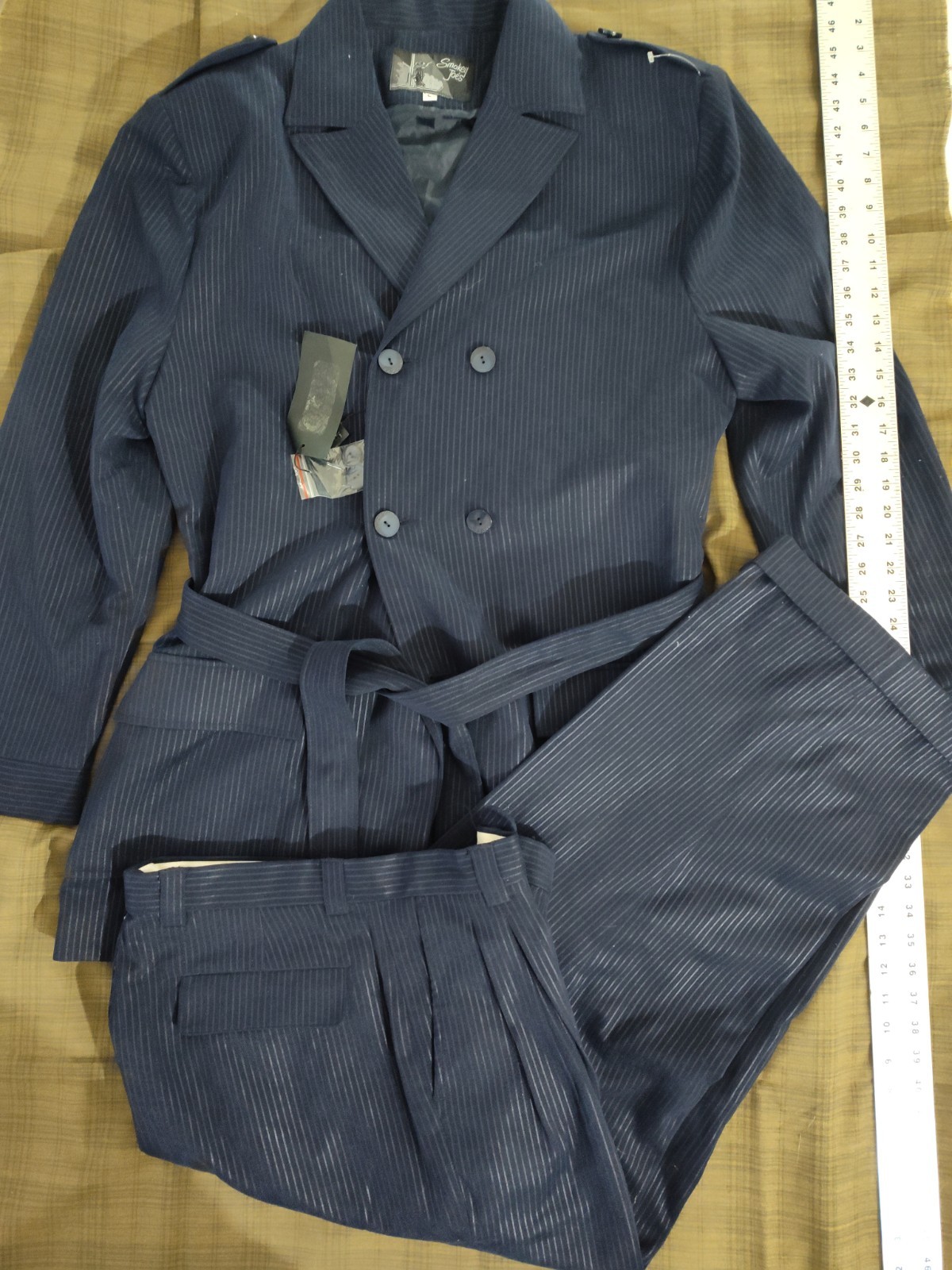 Vintage 1990s 2000s Navy Blue Pinstriped Double Breasted Poly Gangster Zoot Suit