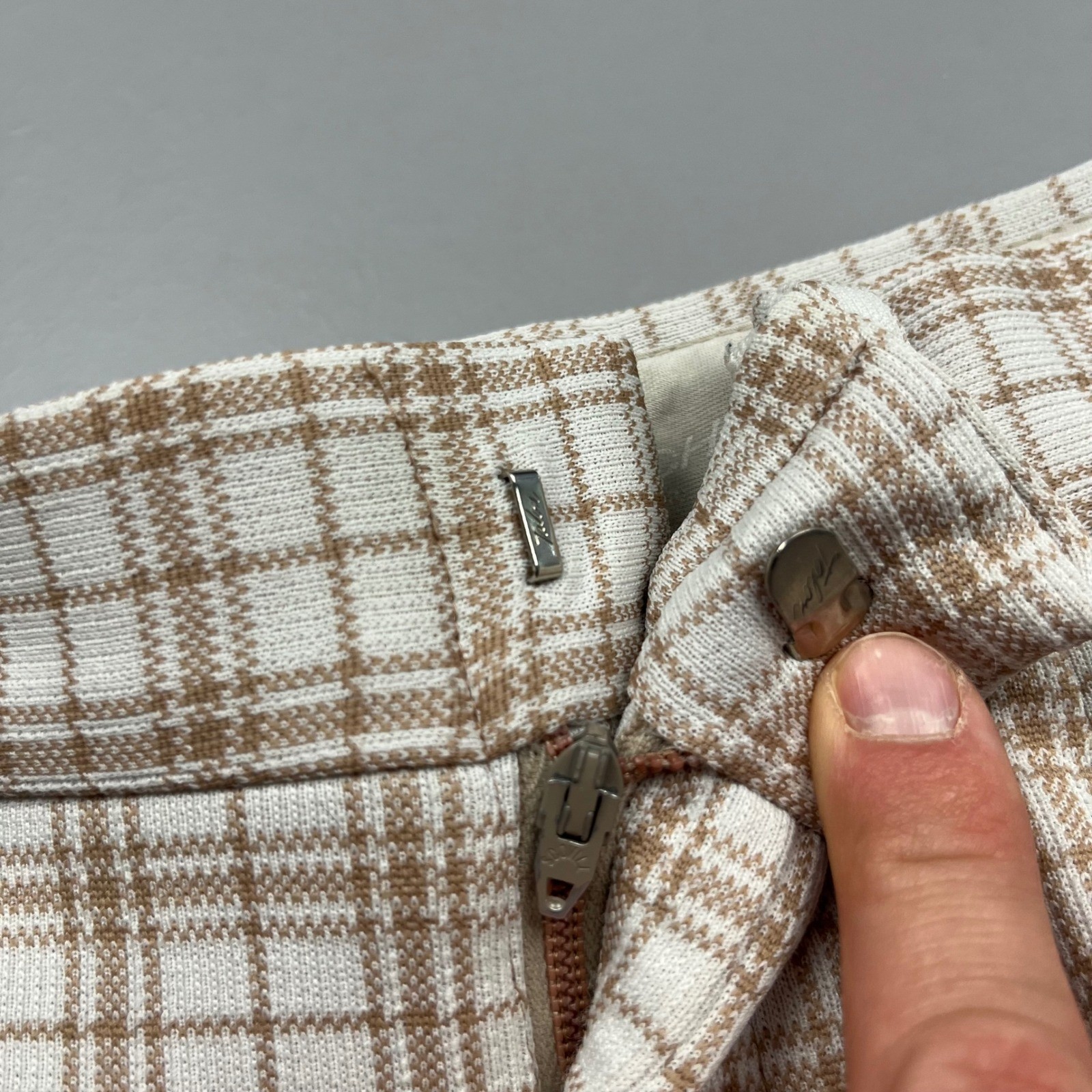 70s Sears Kings Road Trousers Mens 34 Long Tan Plaid Perma-Prest Flared Disco