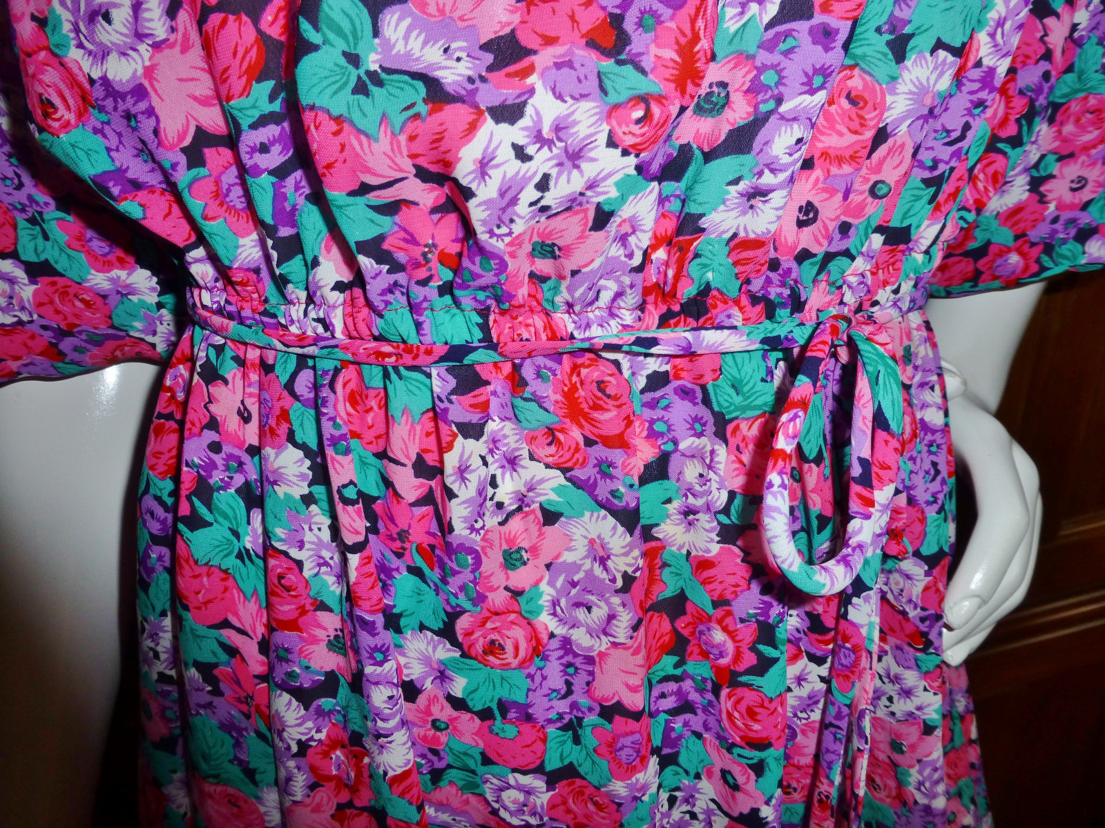 Vtg 80s Freis Style Floral PRINT Pleated Ruffle Poet Slv BOHO Gypsy Midi DRESS