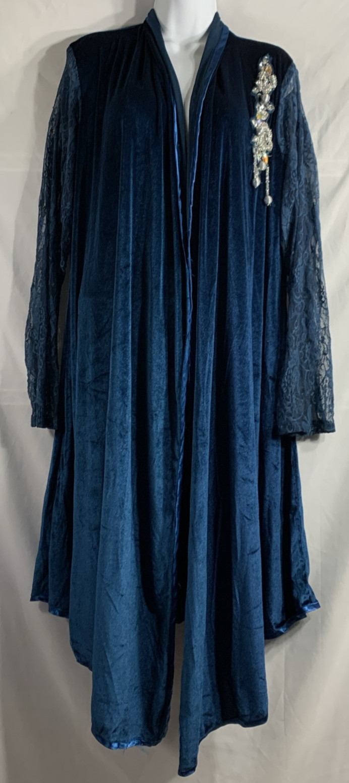 Maria B Evening Wear Robe Sz M Blue Velour Lace Jewels Old Hollywood Glam VTG