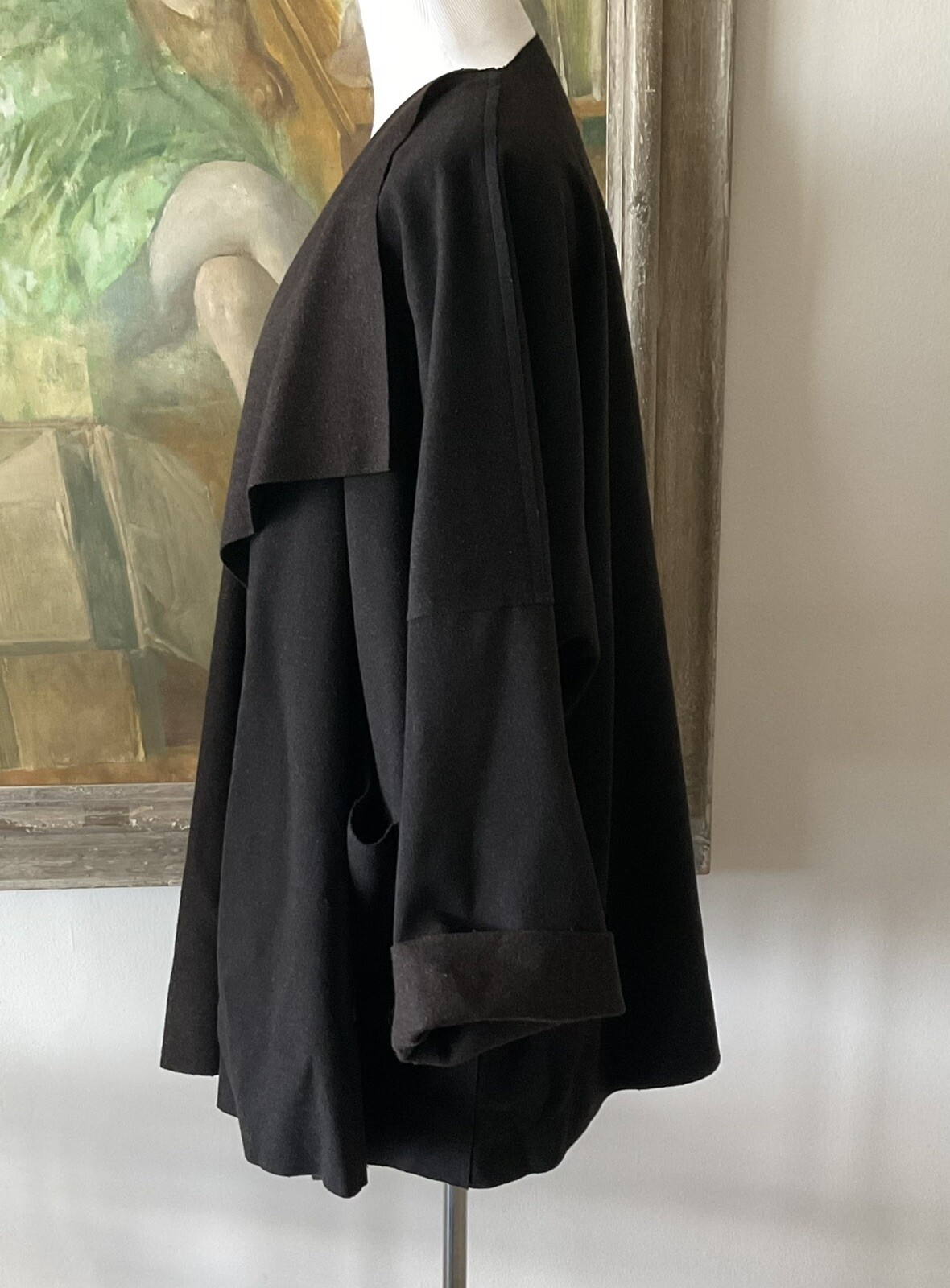 VTG ESKANDAR Cashmere Wool Dark Brown Coat Open Waterfall Collar OS