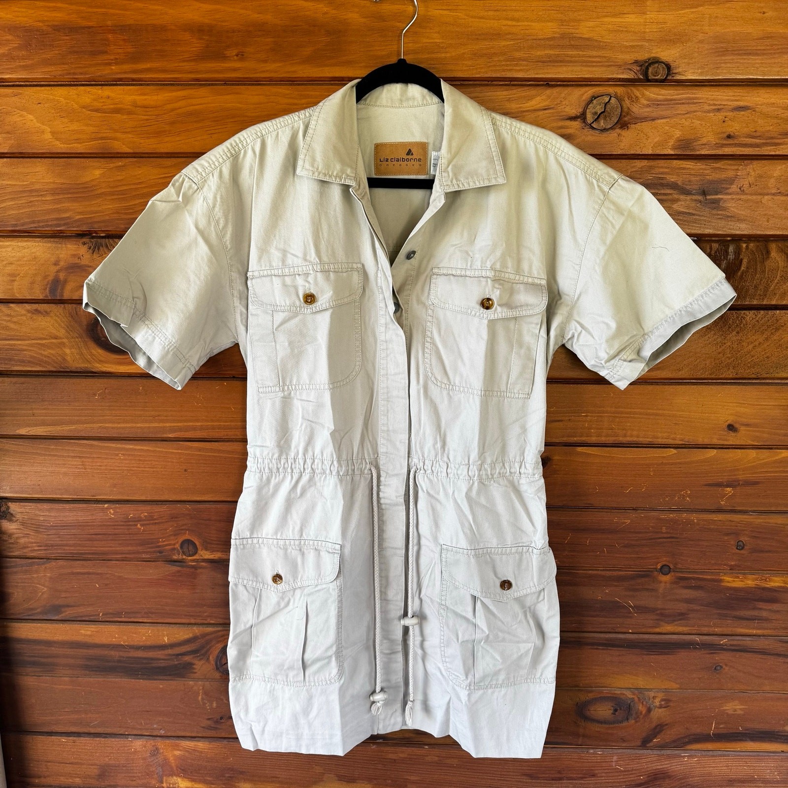 VTG 1980s Liz Claiborne Minimalist Saharienne Safari Utility Cotton Dress Size 8