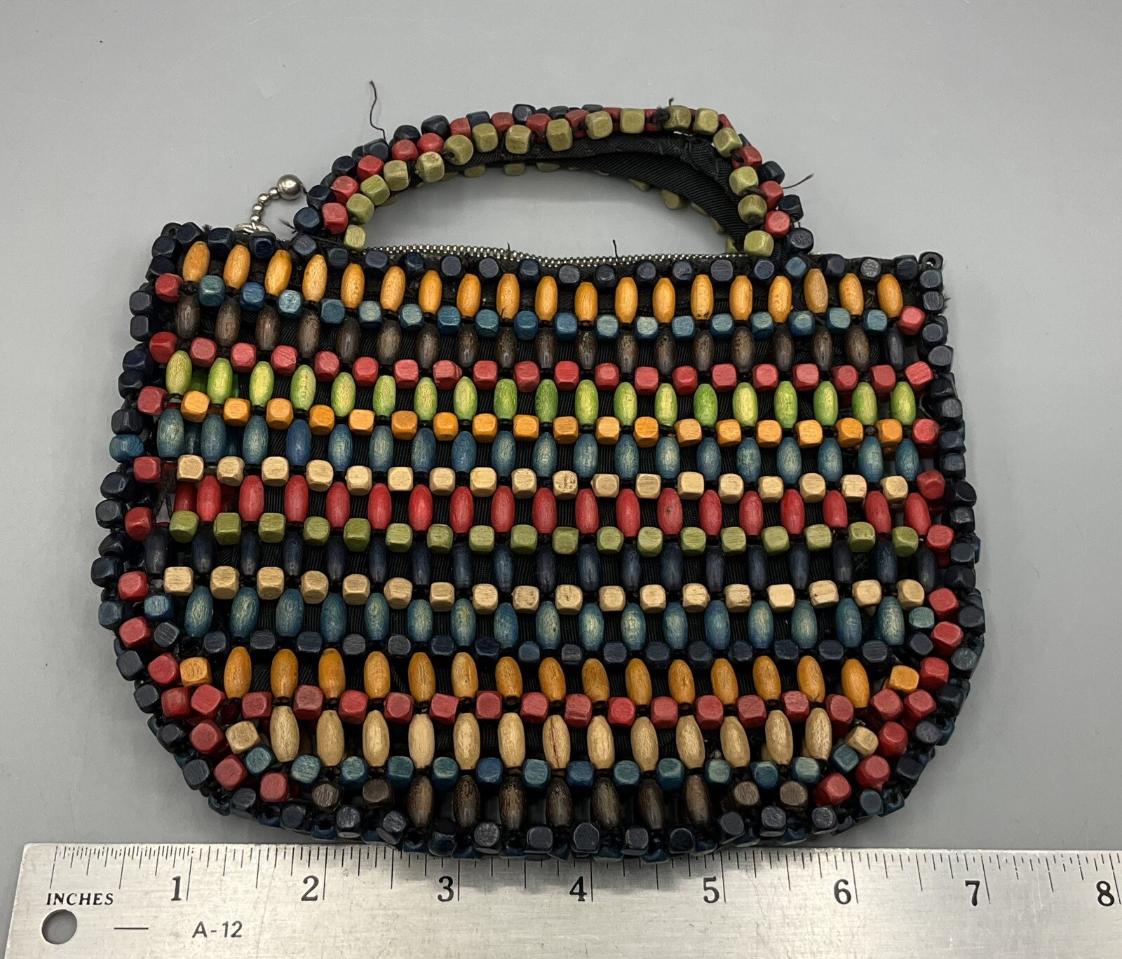 Vintage Multi Color Saturated Wooden Beaded Clutch Purse 7”x 5” Zipper
