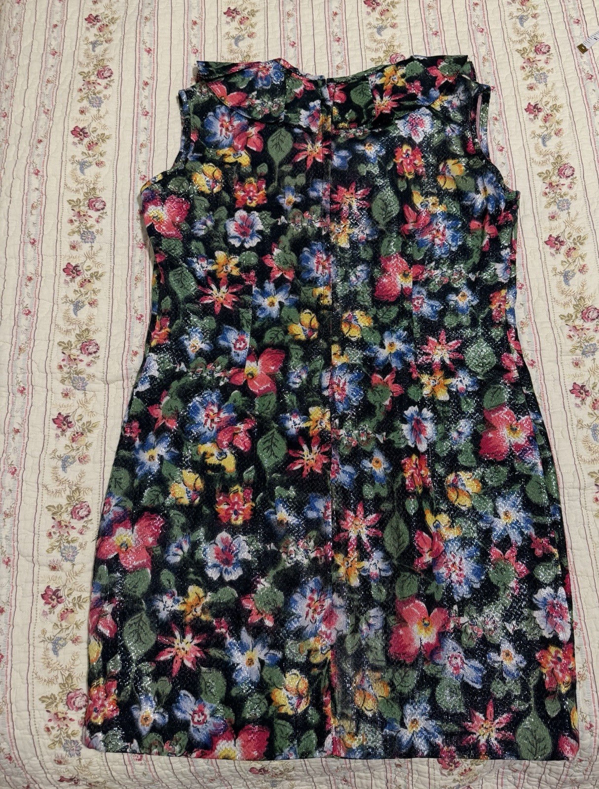 True Vintage 60s 70s Lurex Mini Dress S Black Floral Metallic Mod Party Shift