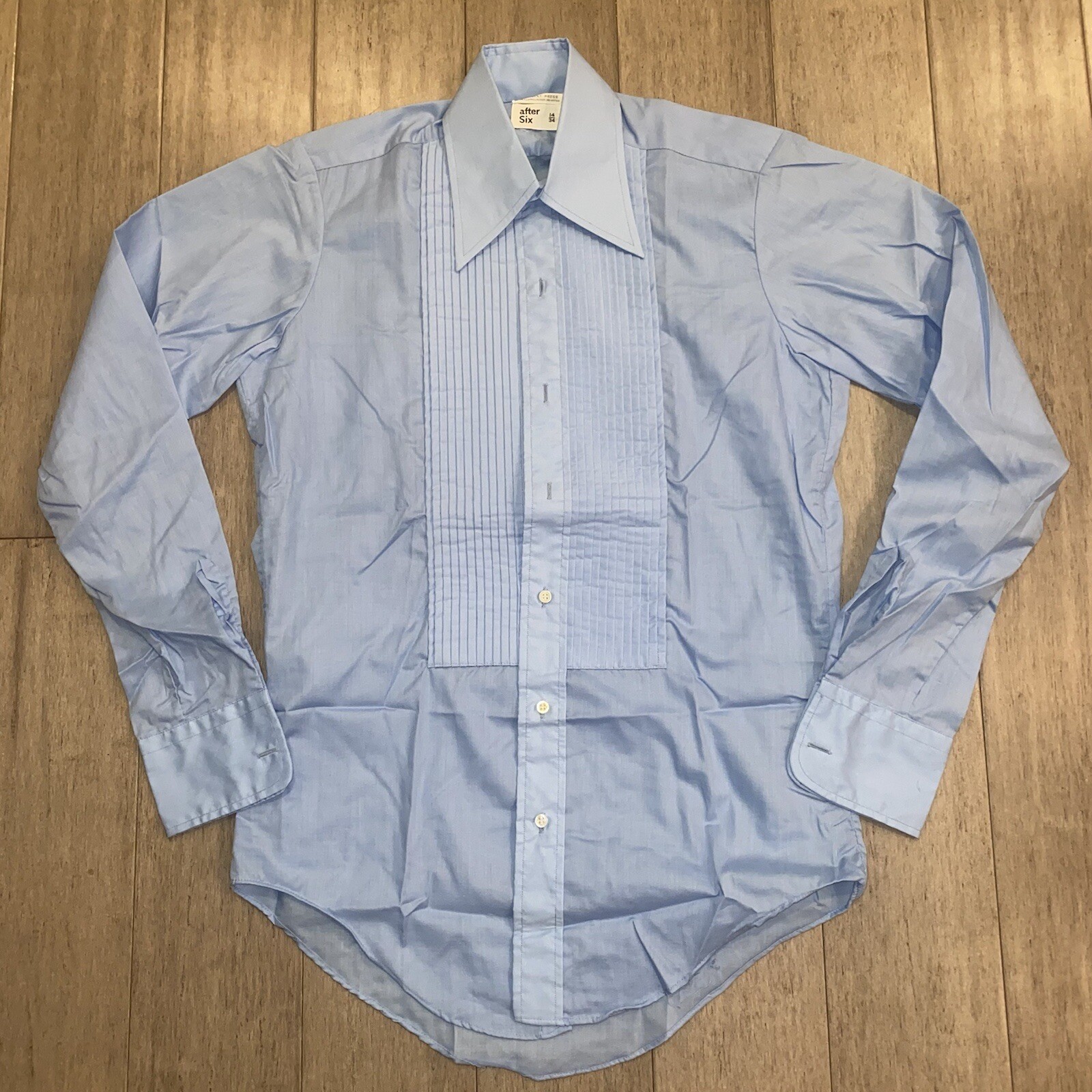 Vtg 70s Tuxedo Shirt Mens After Six Blue Ruffles TUX Dress Retro Prom 14 34