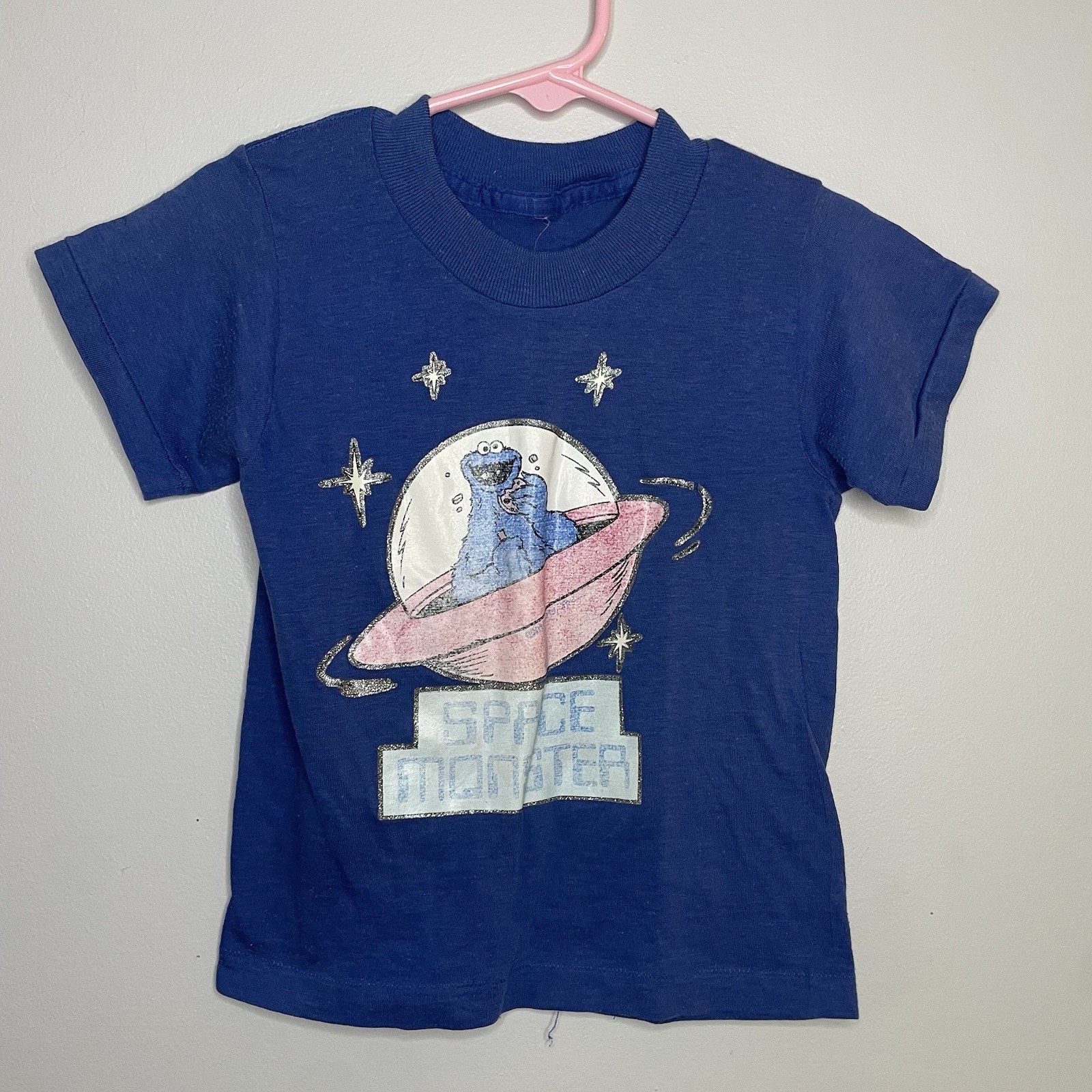 VTG 80s Sesame Street Cookie Monster UFO Space Single Stitch Kid *3T Tshirt Blue