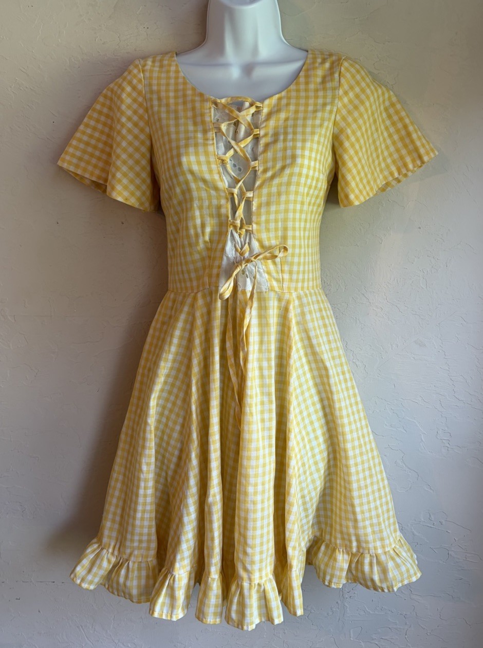Vintage 60s 70s Handmade Gingham Ruffle Lace Up Dress S Prairie Yellow Milkmaid