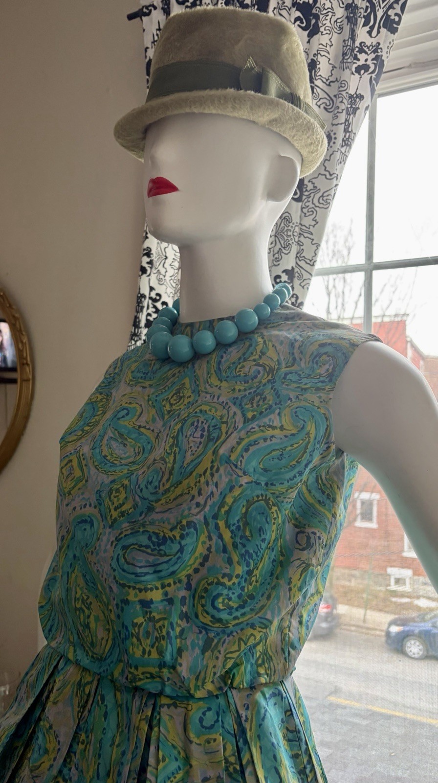Vtg 50s 60s Bold Print Garden Party Dress Fit & Flair S 36/24 USA Union VLV 🔥