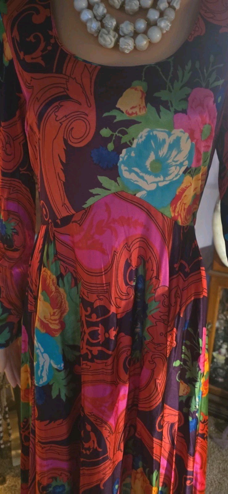 Vintage 70s Floral Psychedelic Maxi Dress Long Sleeve Boho Hippie Gown