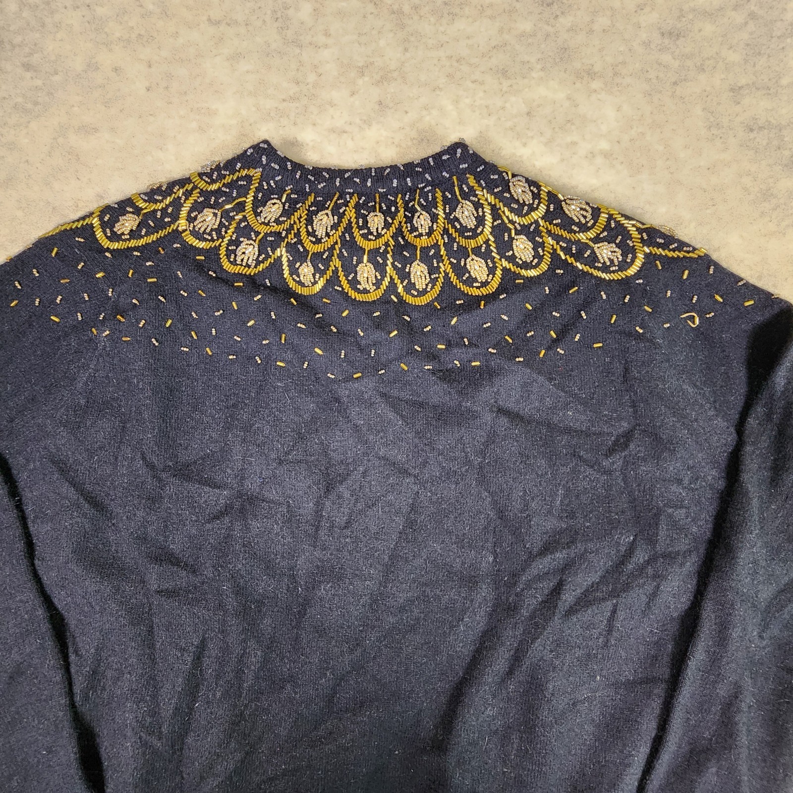Vintage Lined Angora Blend Heavily Beaded Cardigan Black Cinched Waist Sweater