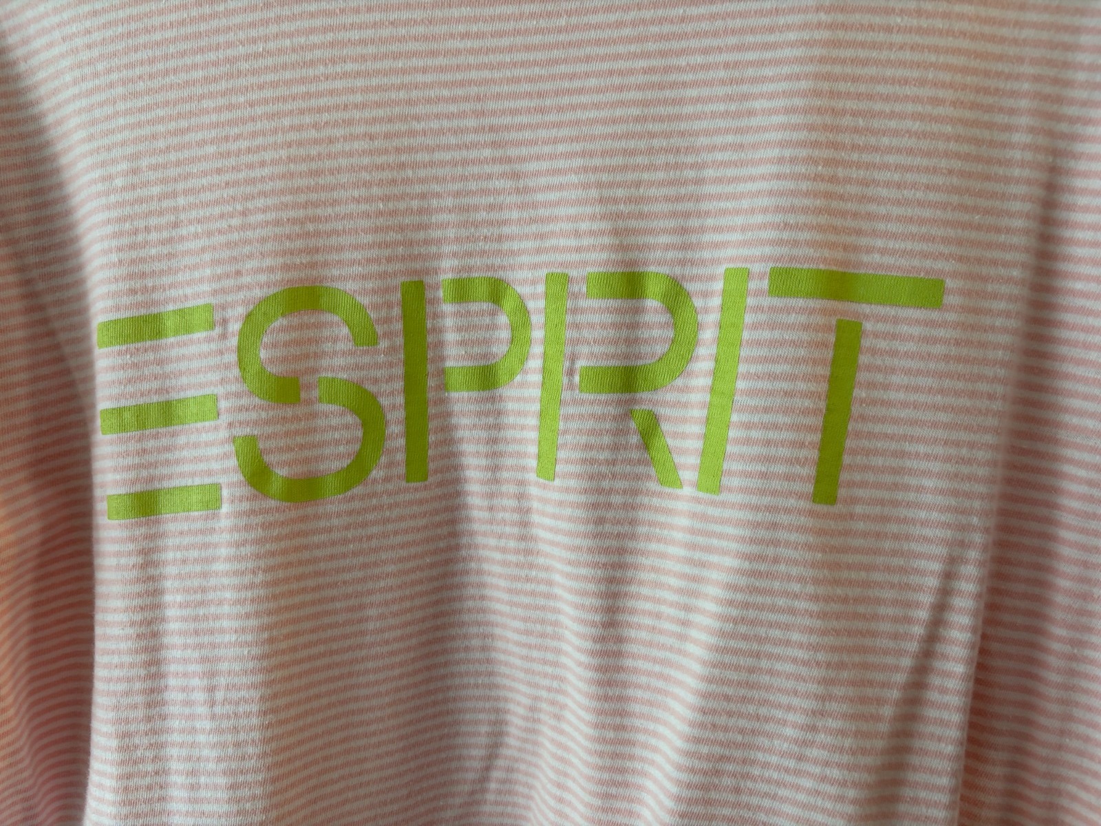 VTG Esprit Teen T-Shirt Logo Pink Striped Lime Trim Med 40 in. Chest Spelled Out