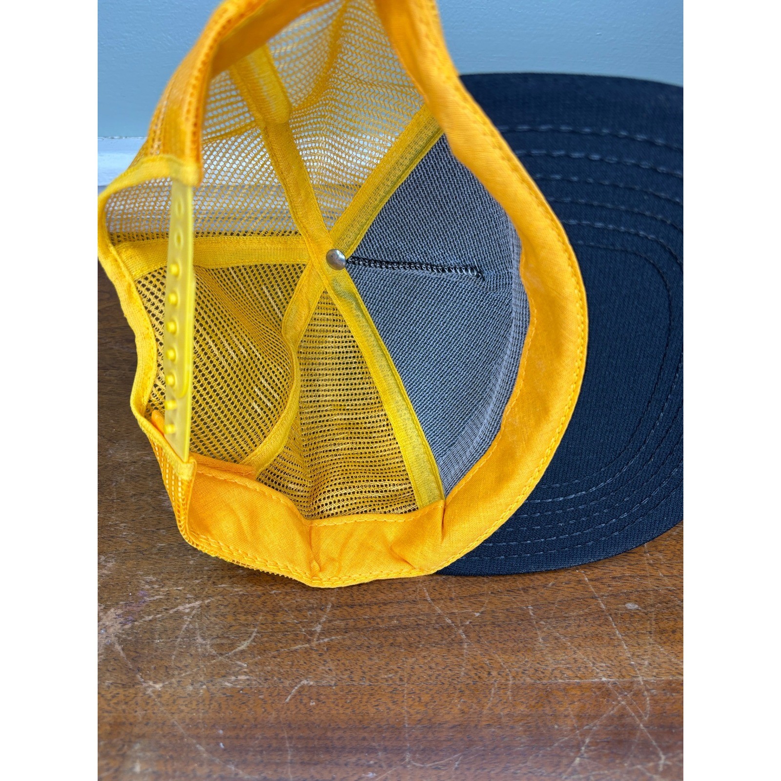 Vintage Cushion Cut Trucker Hat Mens Yellow Black Mesh Snapback Made in USA 80s