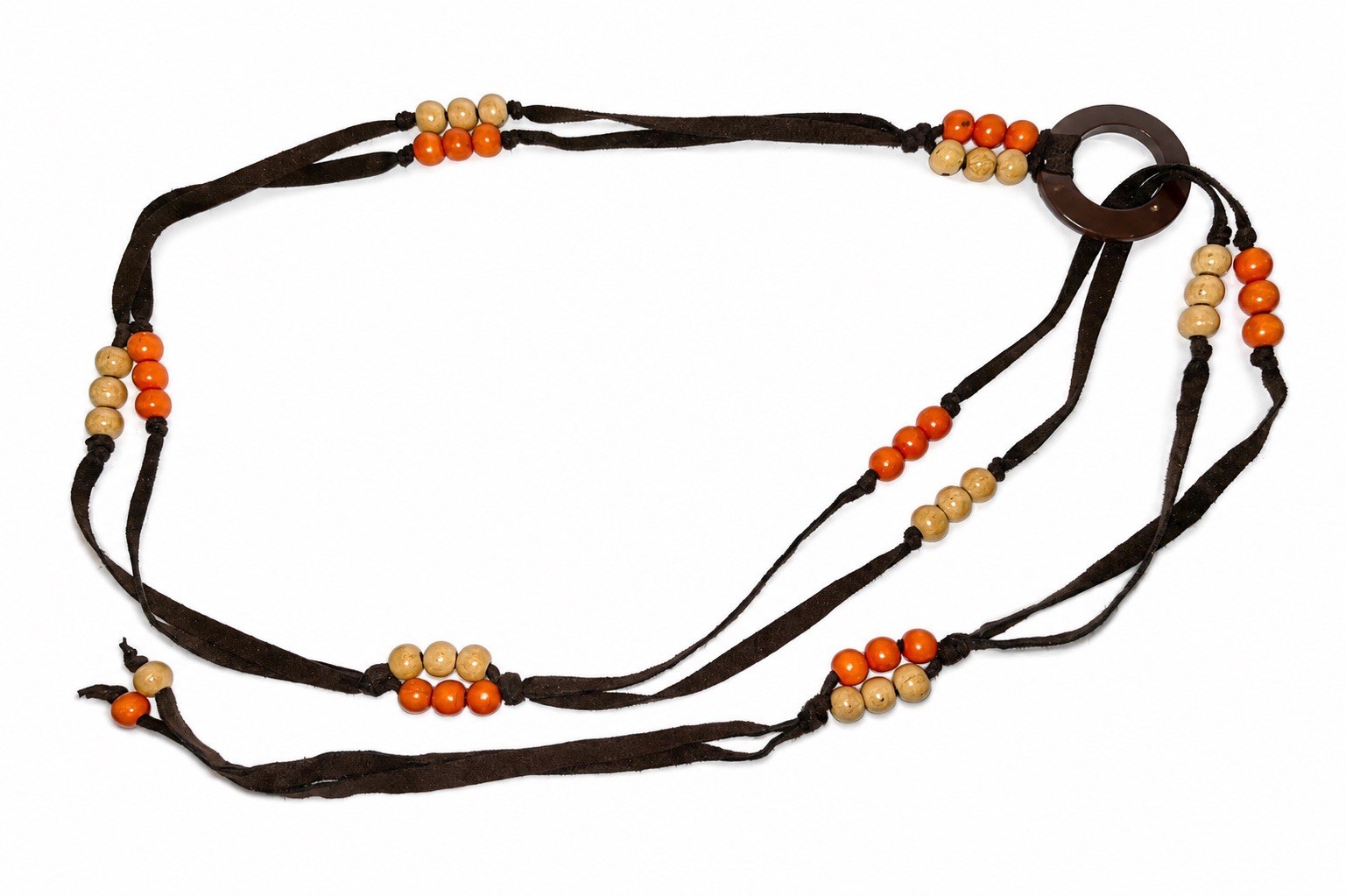 Vintage 70s Wood Bead Belt Faux Suede Cord Acrylic Ring Boho Hippie 72”