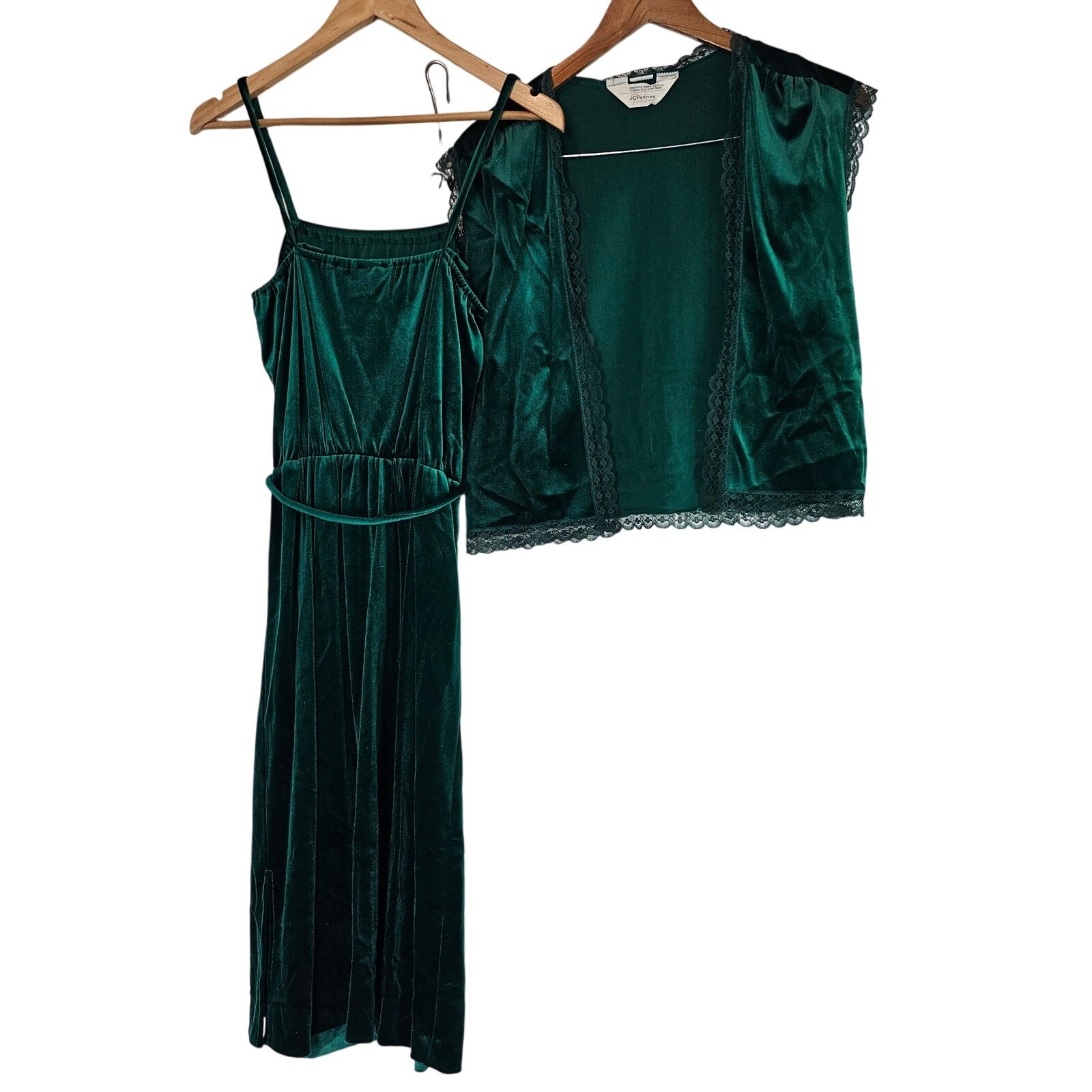 Vintage JCPenny Velvet Dress Size Small 80s Green w/Jacket Lace Glam Rock Party