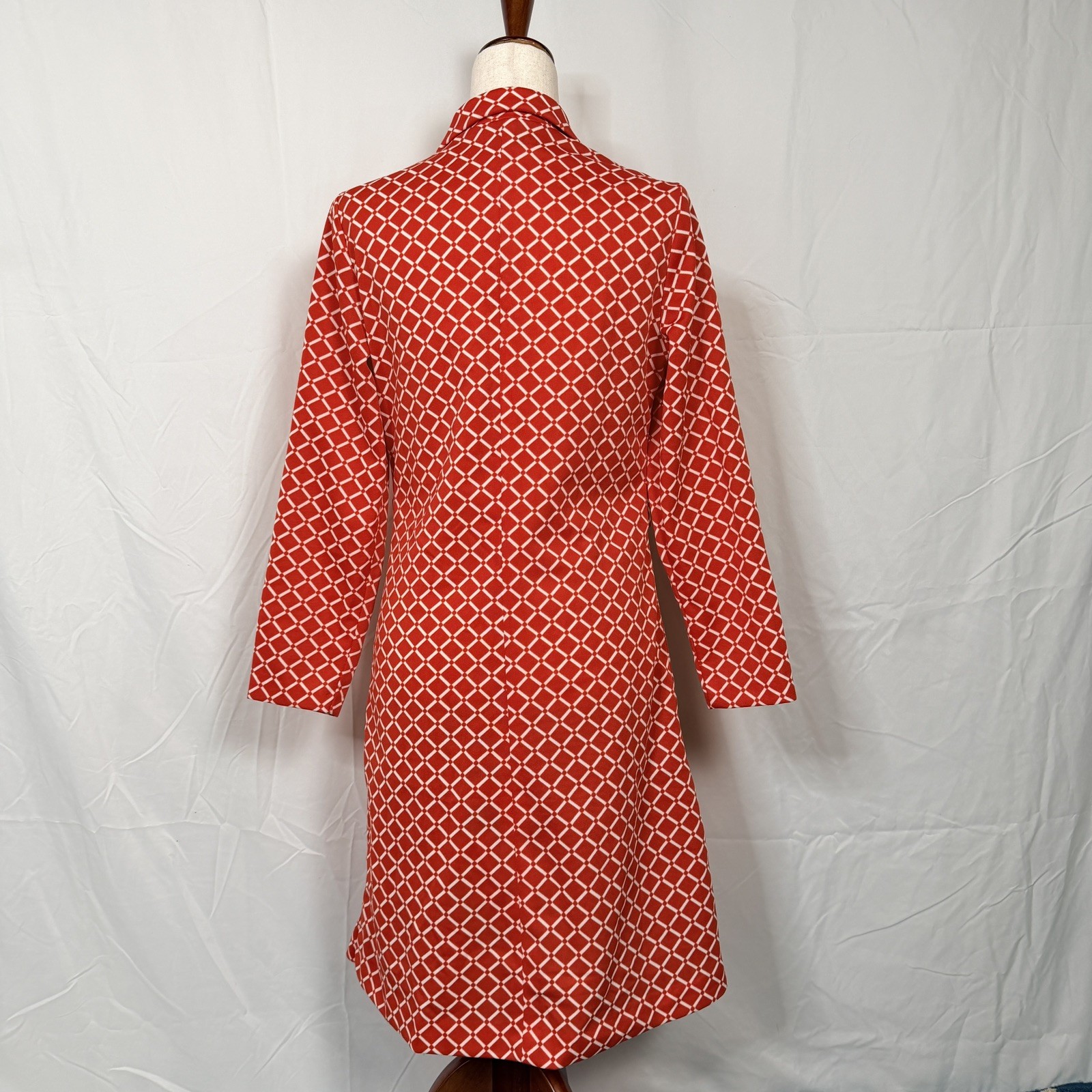 Rare Vintage Red Geometric Long-Sleeve Dress 70s Retro Mod