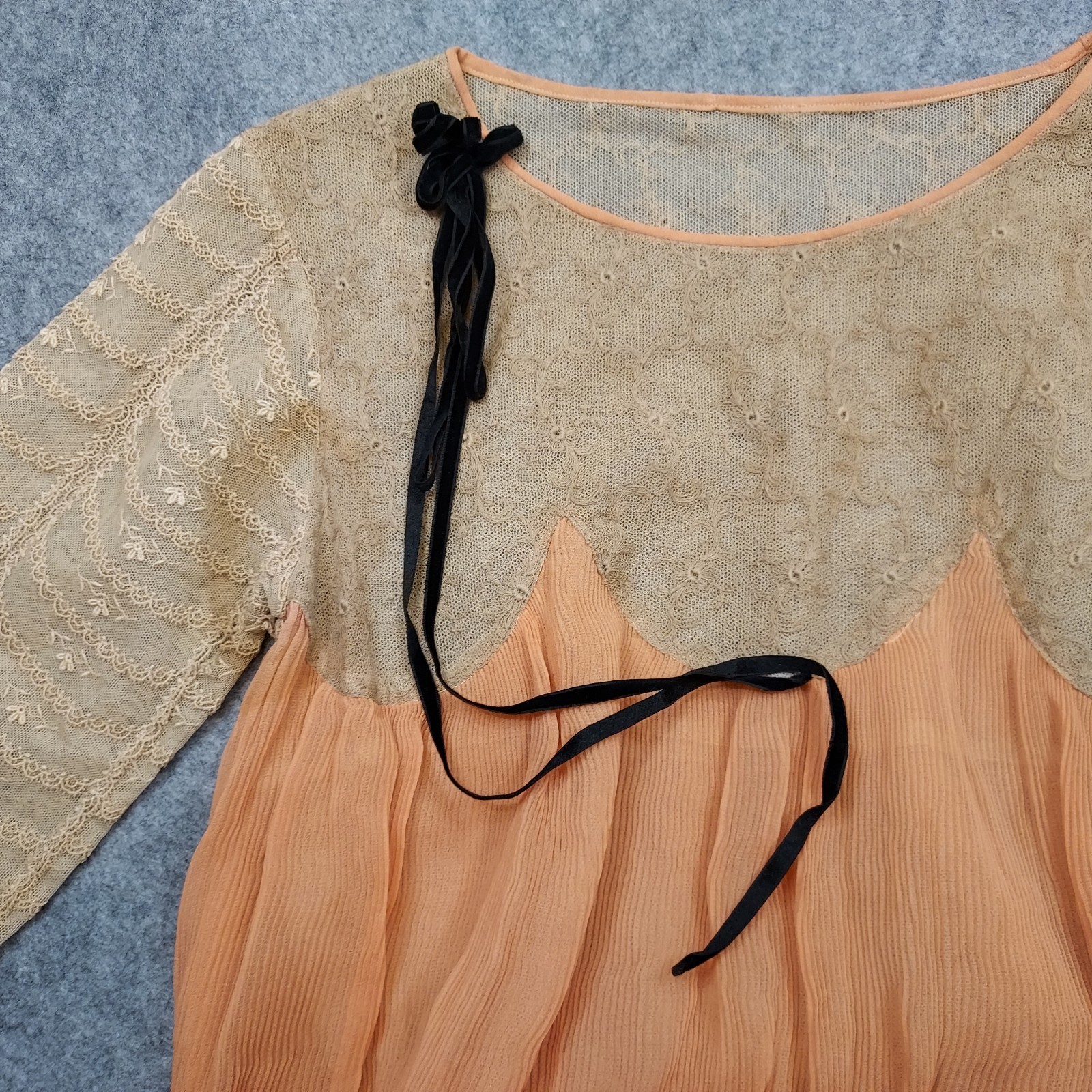 1910s Flapper Dress Lace Chiffon Authent Peach Sash Titantic True Vintage