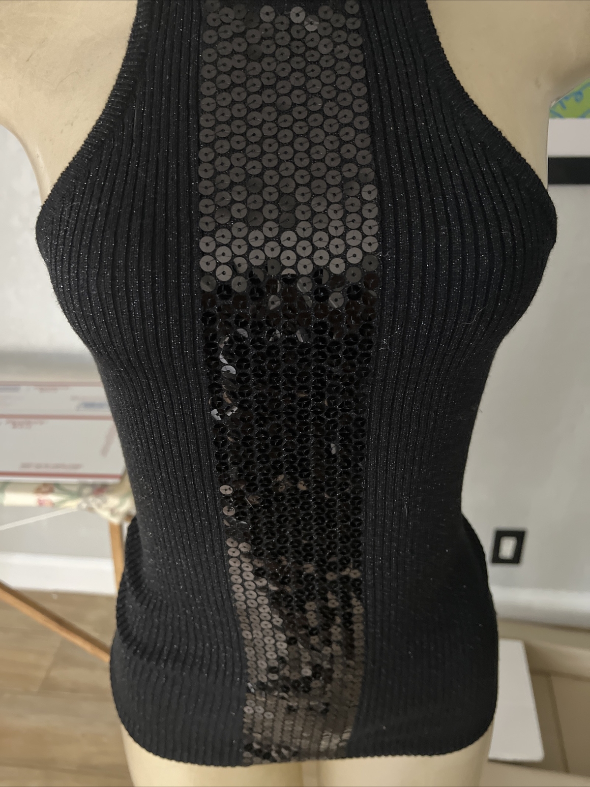 Black Silver Metallic W/Sequins Choker Halter Style Sleeveless Shirt M gts