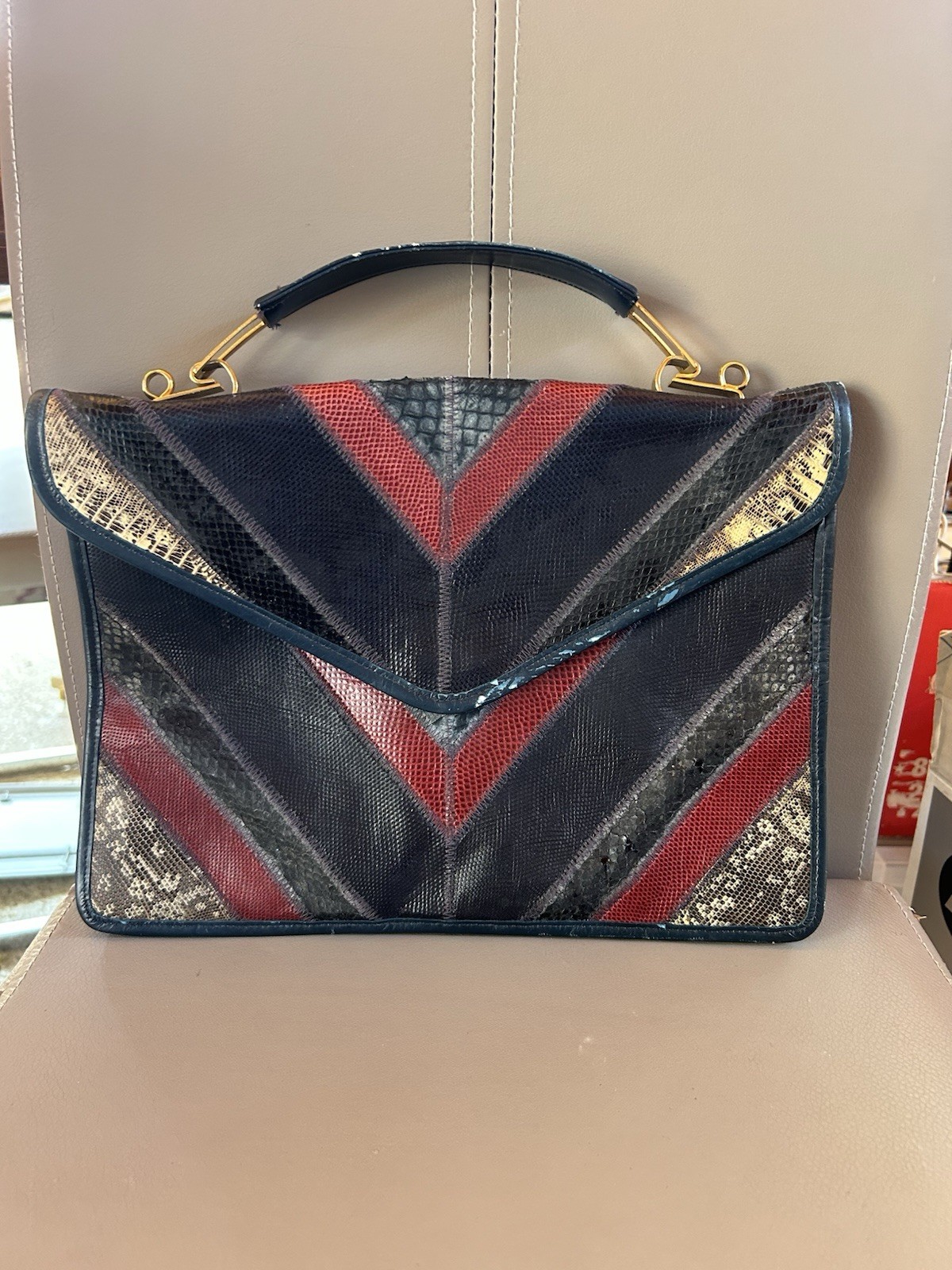 Snakeskin Geometric Top Handle Bag in Navy Blue Red Gold Eveningwear