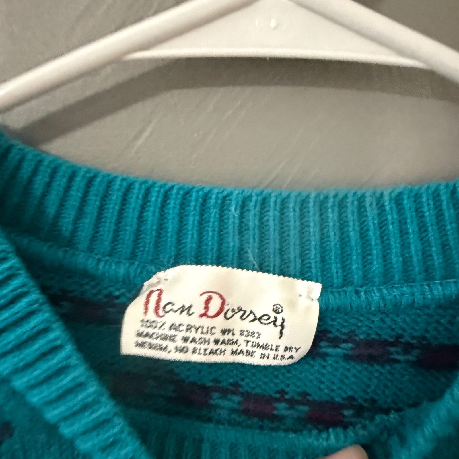 Vintage 80s Nan Dorsey Teal Goose Embroidered Knit Sweater USA Cottagecore