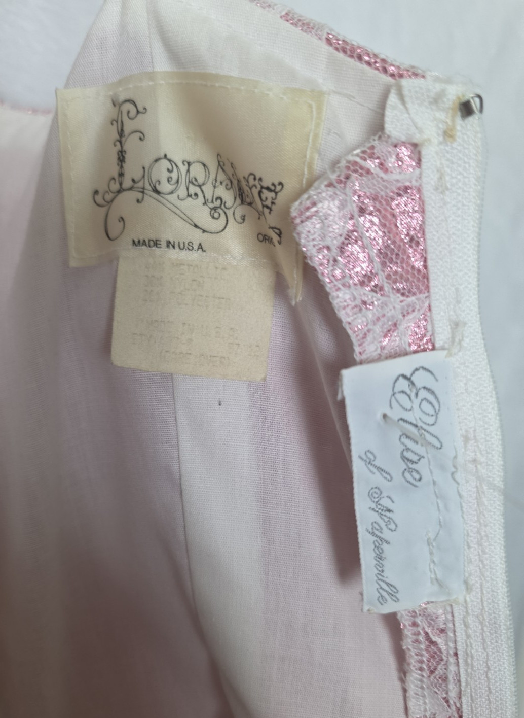Vintage 1980s Prom Dress Sz 12 Champagne Pink Metallic Lace Loralie Elise