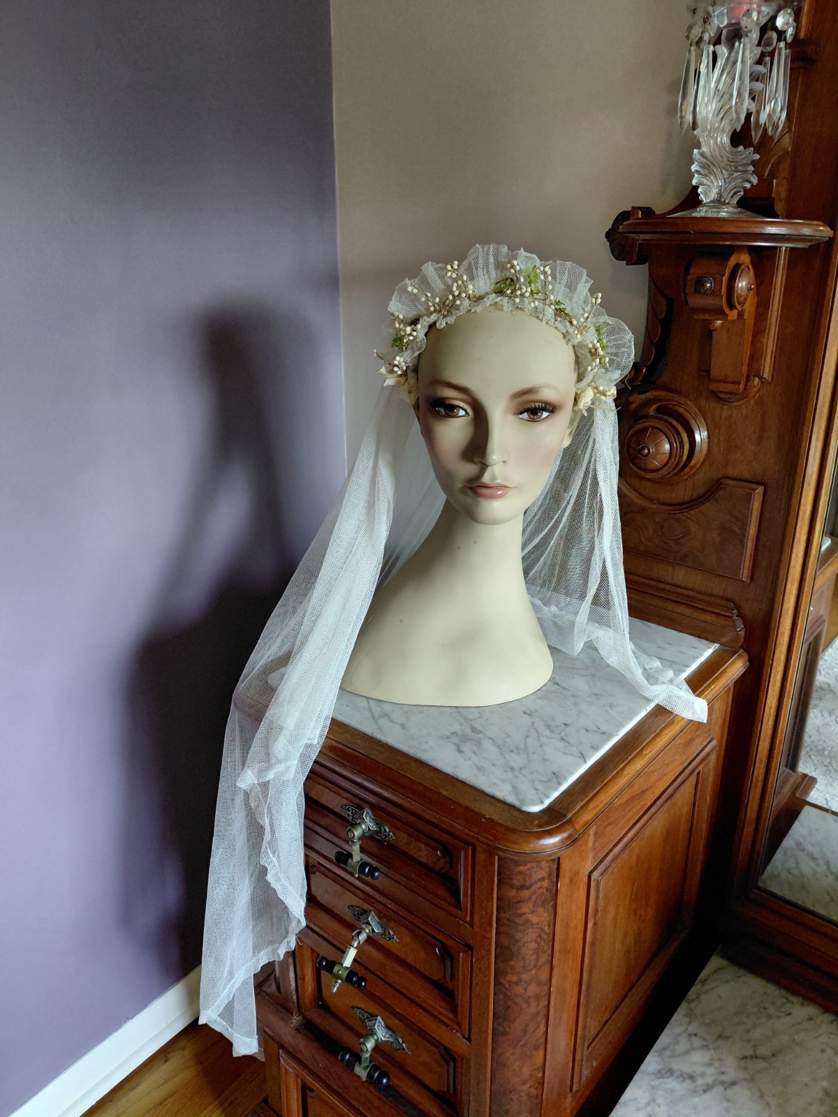 Antique Vintage 1920’s Wedding Bridal Veil Wax Orange Blossom Buds Peach Ribbons