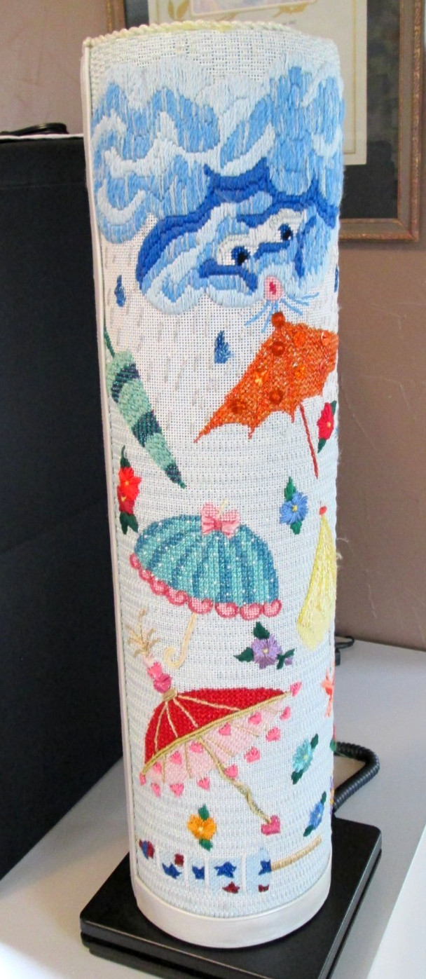 Vintage Umbrella Stand Embroidery Handmade Sequins 25in Needlework
