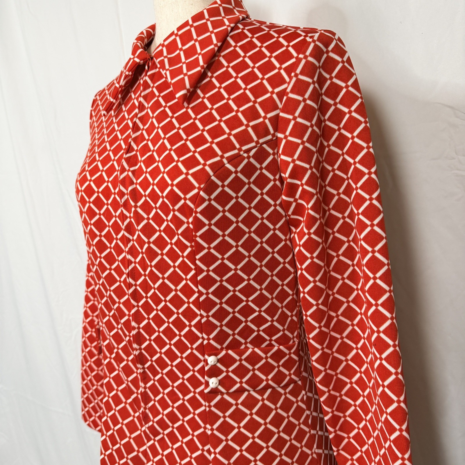 Rare Vintage Red Geometric Long-Sleeve Dress 70s Retro Mod