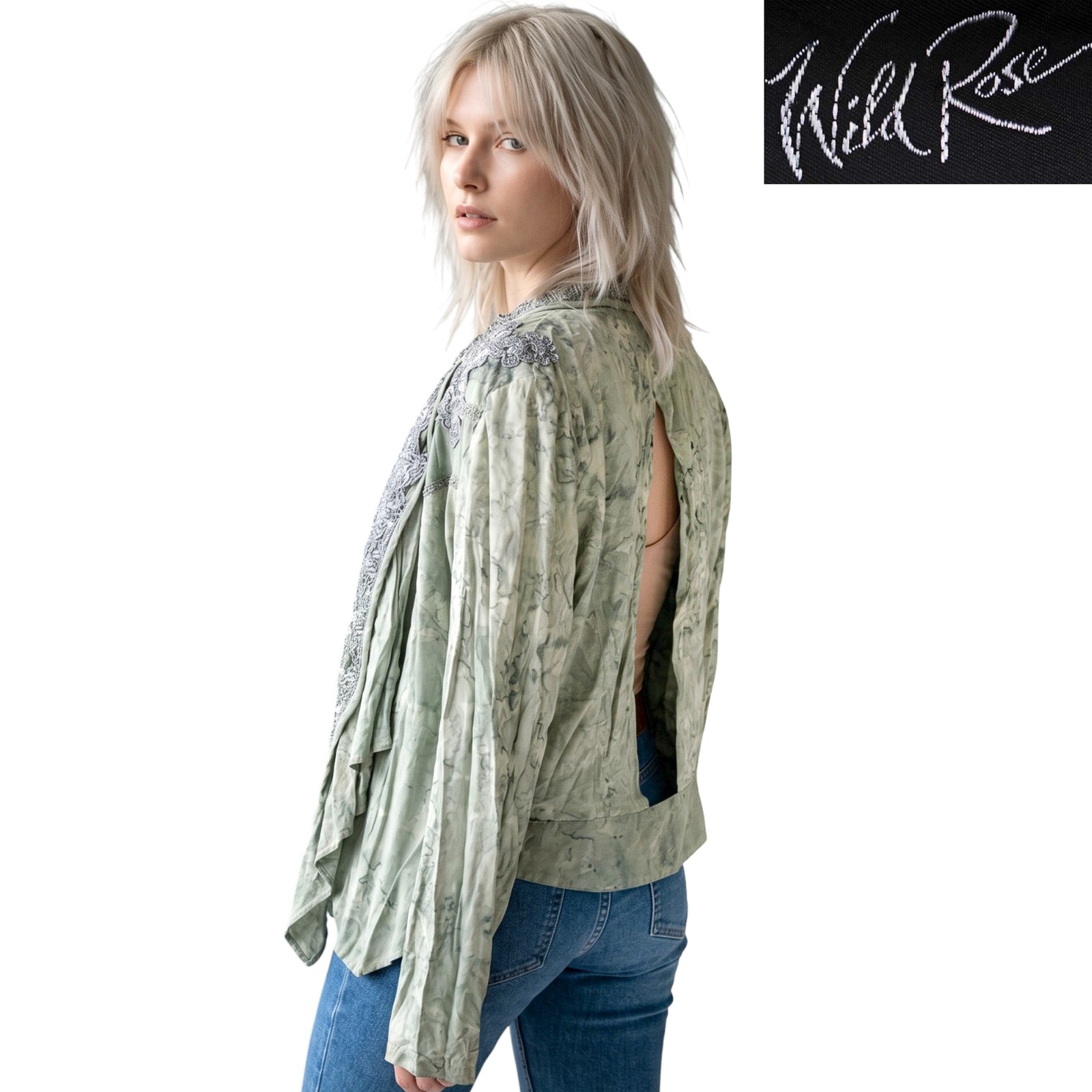 80s Vintage Wild Rose Jacket Green Watercolor Lace Cutout Boho Stevie Nicks 14