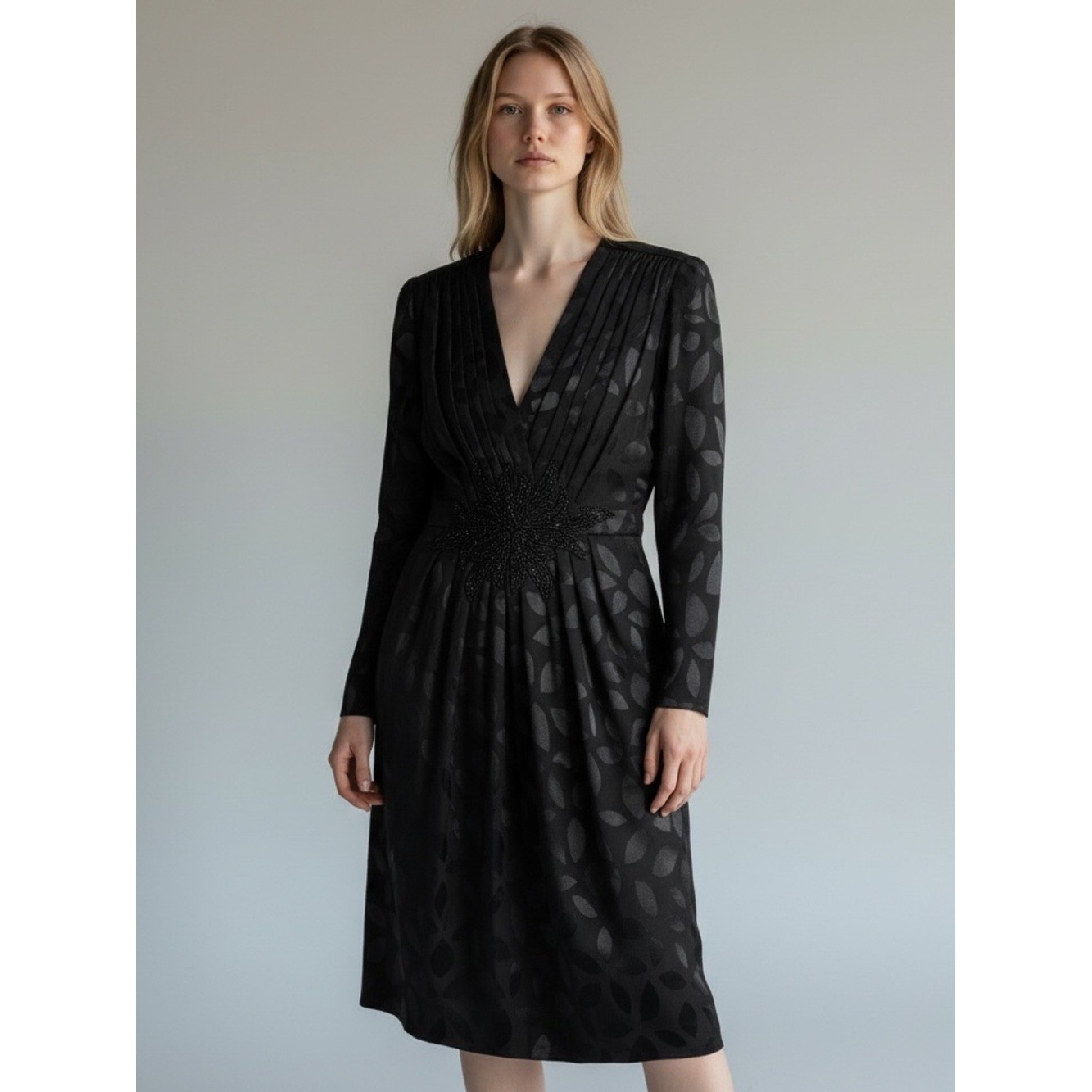 St Gillian Dress Women 6 Black Vintage Silk Jacquard Beaded Star 80s