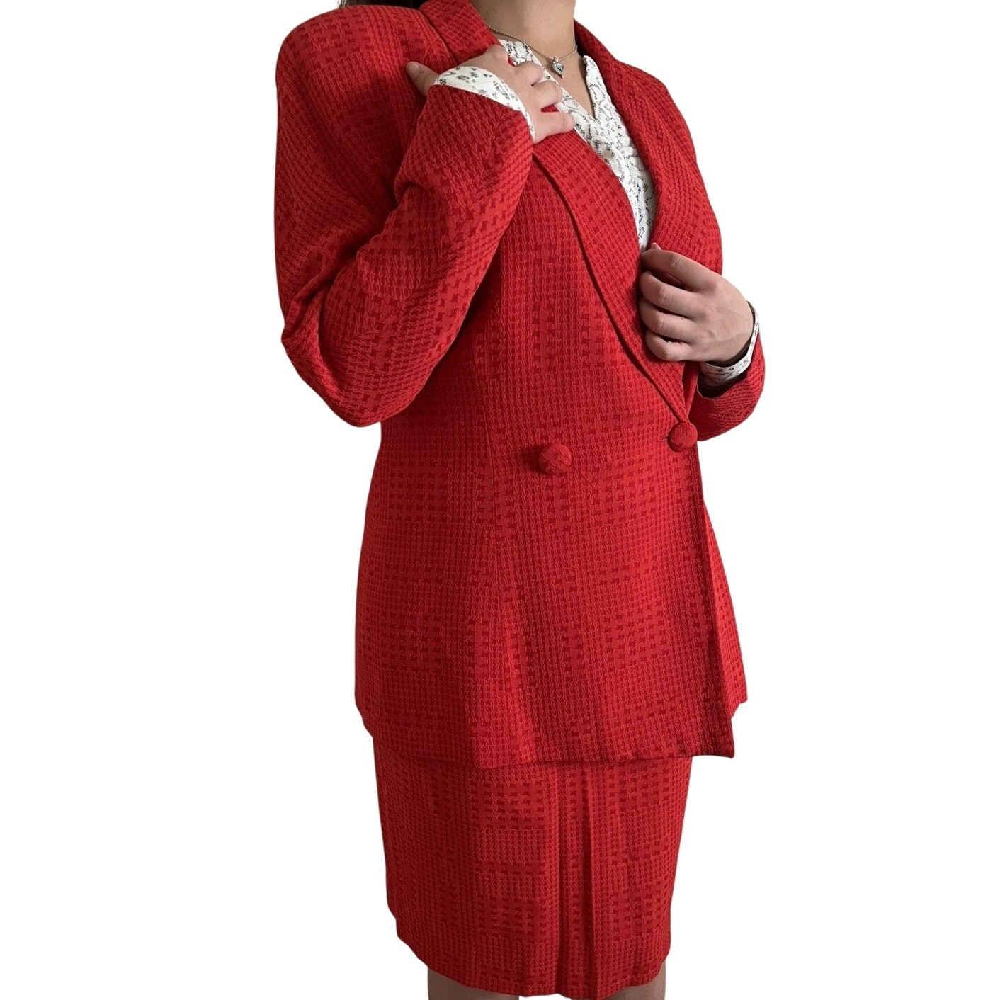 Vintage Christian Dior Y2k Red Double Breasted Skirt Suit Set Size 12