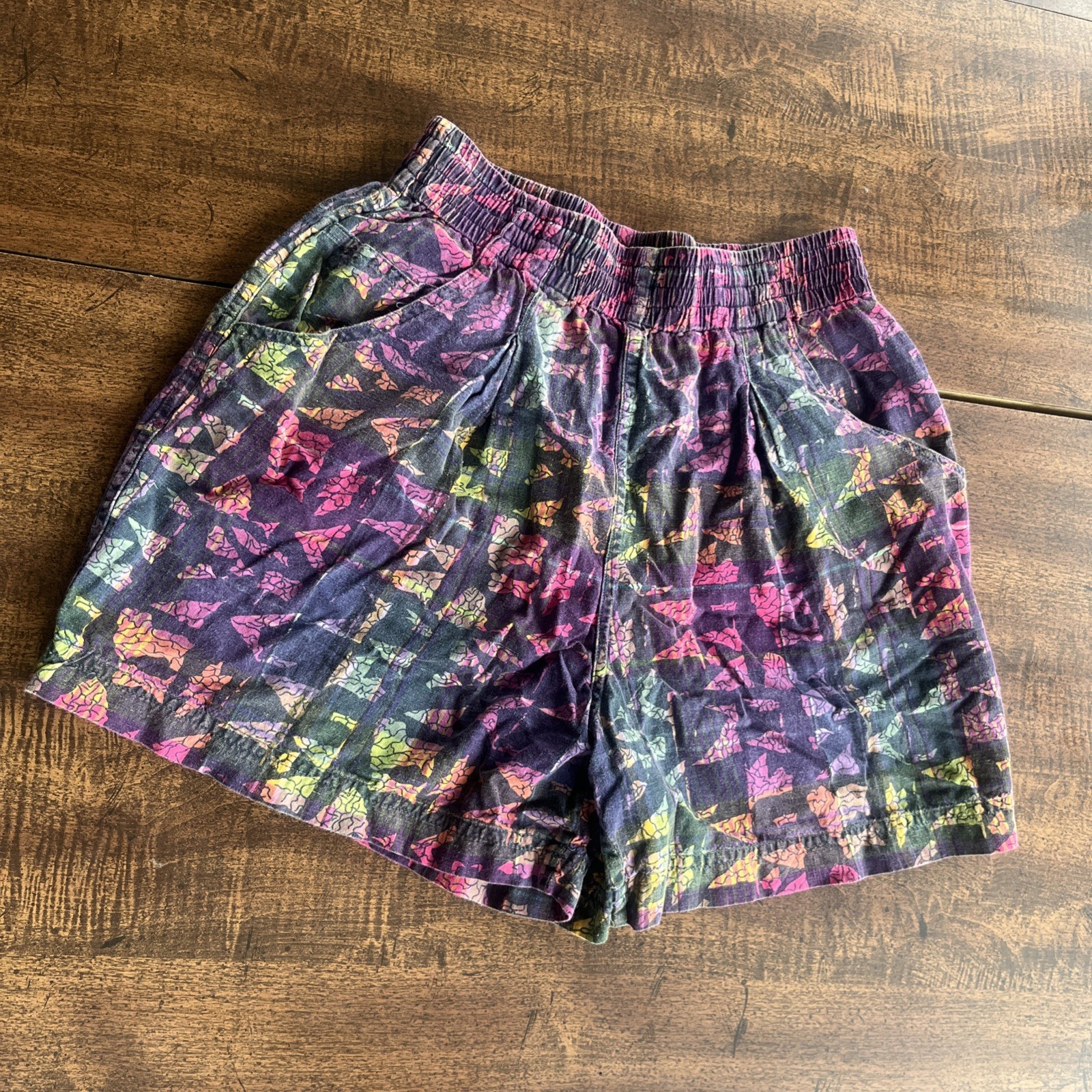 Vintage 80s Dashers Cotton Shorts Geometric Print Elastic Waist Medium Retro