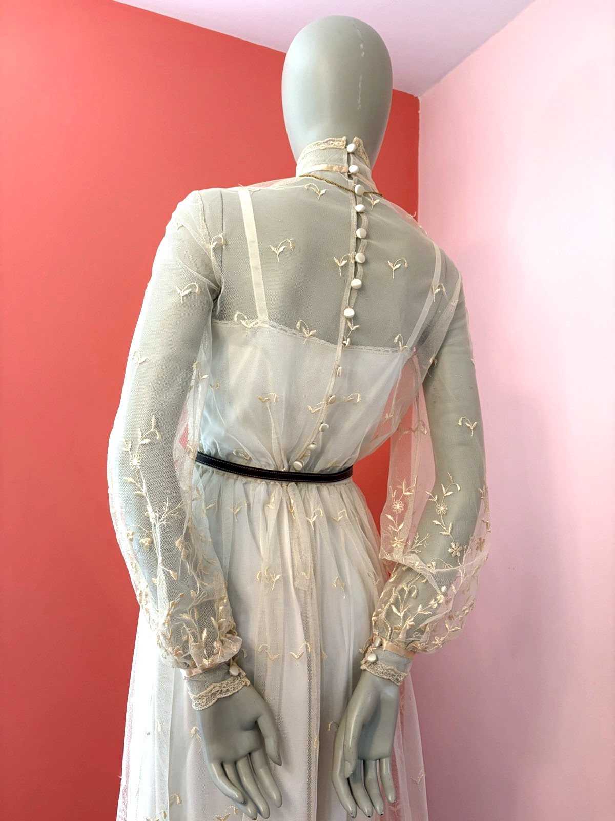 VTG Victorian 70s Ivory Sheer Lace Prairie dress boho maxi wedding full slip S