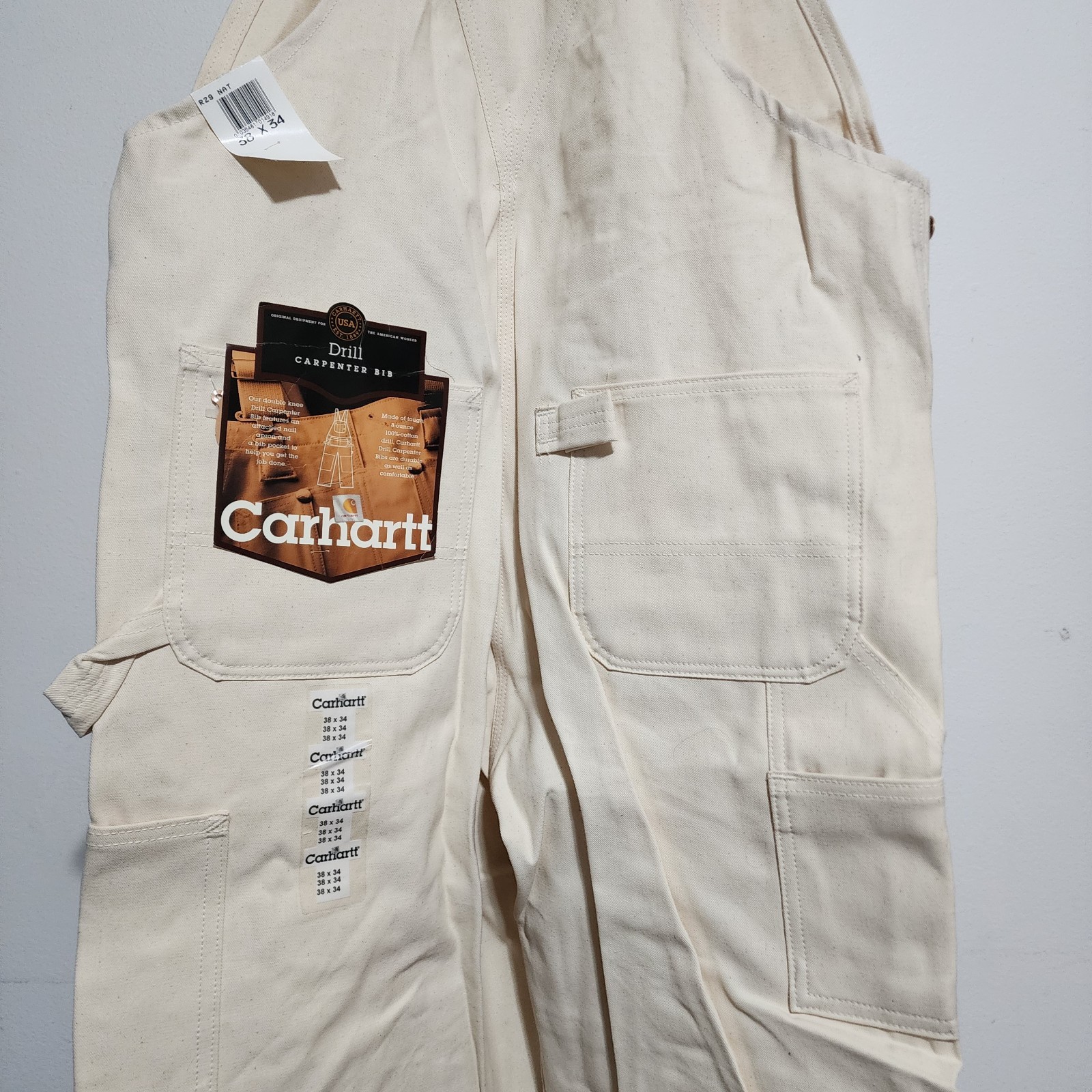NWT Vintage Carhartt R29 NAT Natural Drill Double Knee Bib Overalls USA 38×34