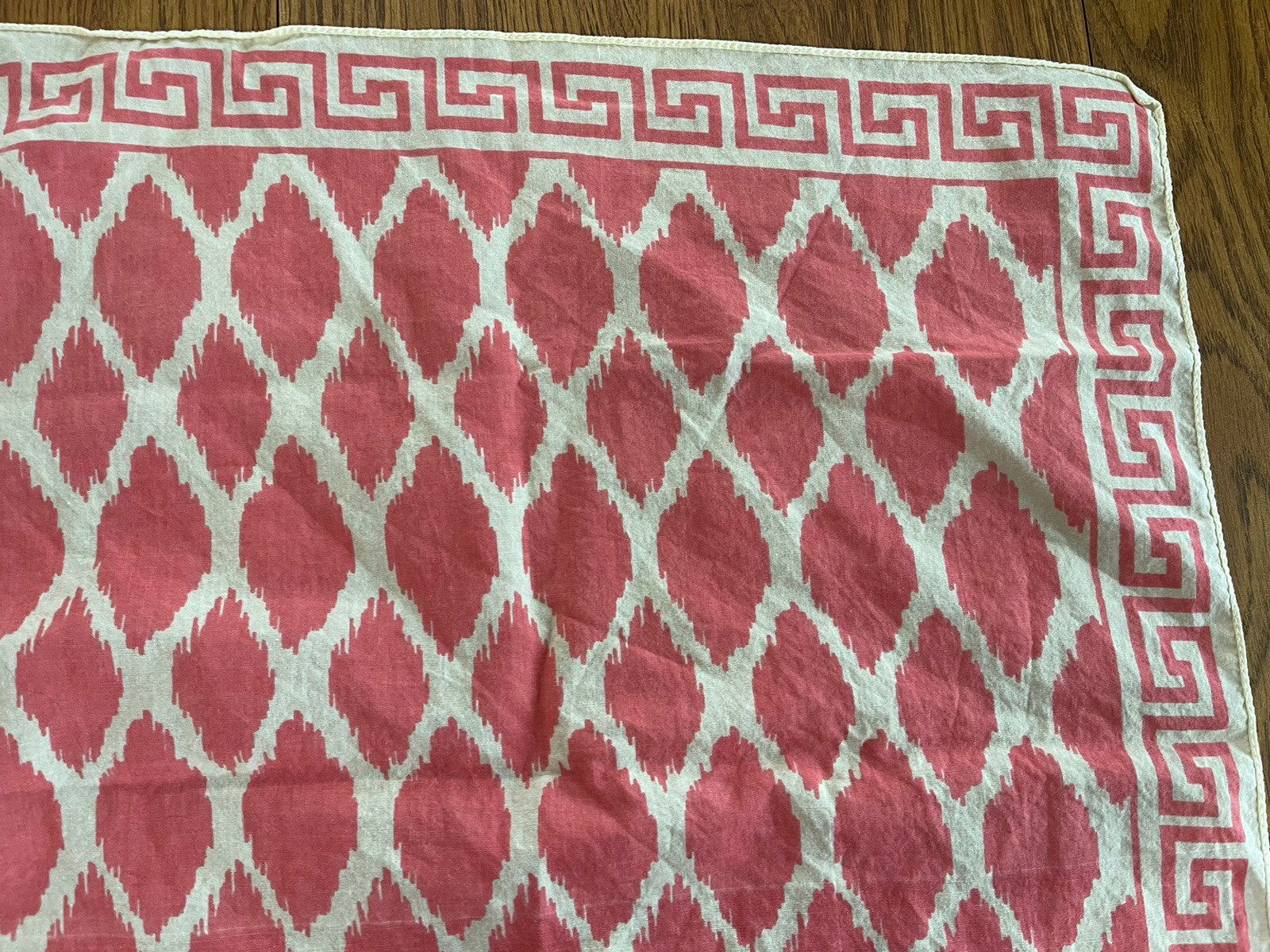 Vintage Coral Pink Cream Bandana Greek Key Diamond Print 19.5”x20.5”
