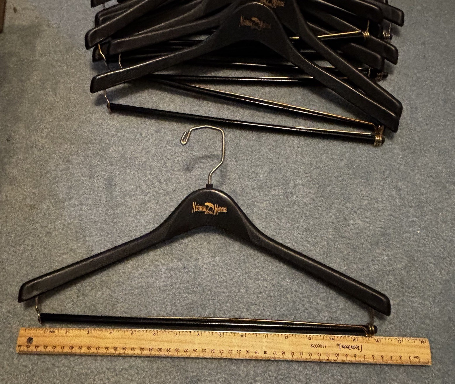 Vtg Neiman Marcus Black Plastic Suit Hangers Gold Logo Metal PRICE PER HANGER