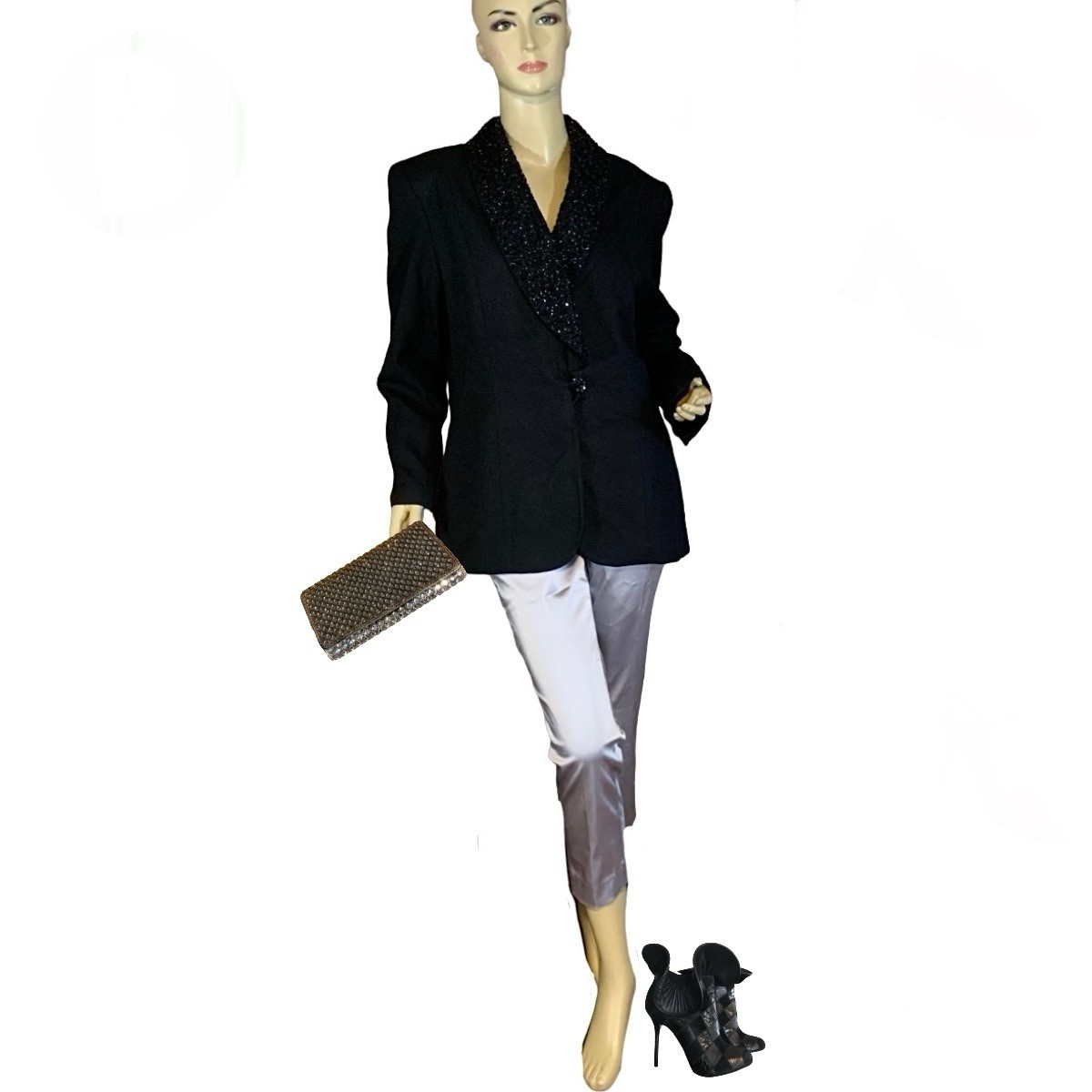 VINTAGE 1990’S CLIO BLACK SYNTHETIC BLEND BEADED SEQUIN BLAZER SIZE 12