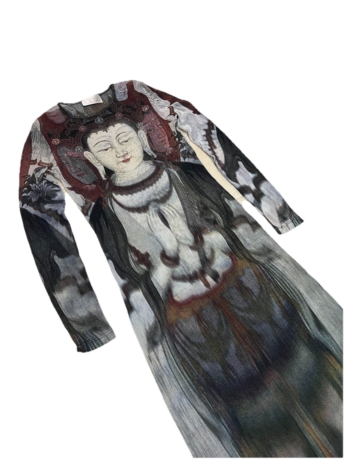 RARE 1997 VIVIENNE TAM CACHÉ SHEER MESH MAXI QUAN YIN PRINT BUDDHA L/S DRESS